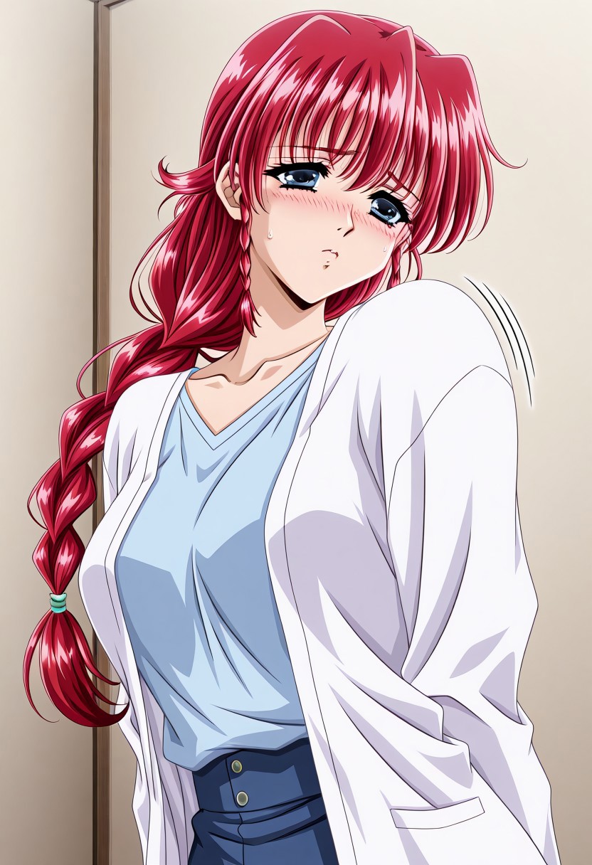 masterpiece, best quality, newest, highres, uncensored, 1girl, yokota mamoru style,motion lines,1girl,Yamashita Kumi, Braided Hair Loopies, Long Hair, Red Hair, Spiky Bangs,Cyan eyes, Tareme eyes,, Slim, Young-adultmasterpiece, best quality,The image is a digital anime-style illustration featuring two characters in an intimate indoor setting. The main focus is on a young woman with striking, long, vibrant red hair that cascades down her back. She has large, expressive blue eyes with a slightly sad or worried expression, her cheeks flushed with a blush. She is wearing a light blue shirt with a subtle lavender undershirt visible at the neckline, and a white cardigan draped over her shoulders.