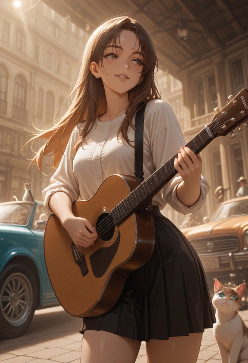 masterpiece,  best quality, newest, highres, absurdres, 1girl, concert, easynegative, smashing_guitar, holding instrument, acoustic guitar, cuba, cubano, cuban street, cat, old car, cuban girl,