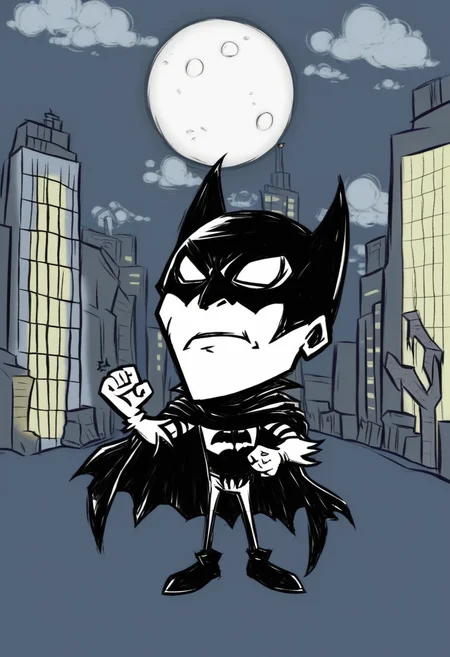 1boy, solo, batman, chibi, mask, black cloak, dark night, fists, city street, megalopolis, action pose, full moon, bats, blank eyes, dontstarvestyle, <lora:dontstarvestyleV5:1>