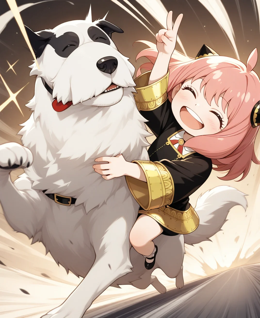 eps, Emotional, spectacular picture, dynamic pose, dutch angle, extreme aesthetics, 1girl, anya \(spy x family\), spy x family, riding a big dog, white_dog, holding a dog, <lora:se_v1_epic_style: 0.9>