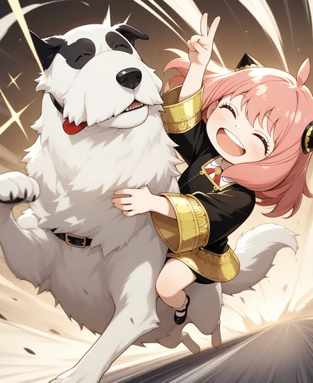 eps, Emotional, spectacular picture, dynamic pose, dutch angle, extreme aesthetics, 1girl, anya \(spy x family\), spy x family, riding a big dog, white_dog, holding a dog, <lora:se_v1_epic_style: 0.9>