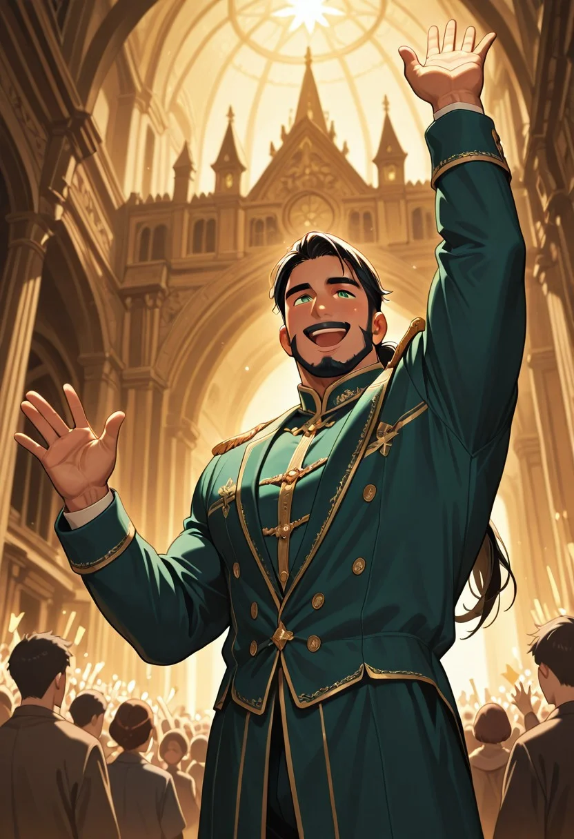 (masterpiece), best quality, 1boy, mbti_enfj, mature man, muscle man, green eyes, black-tied hair, facial hair, grand hall, inspiring speech, crowd cheering, uplifting aura, confident smile, warm lighting, spotlight, regal posture, determined look, leadership, parliament, ornate architecture, flag waving, golden light, blurred background, focus on character