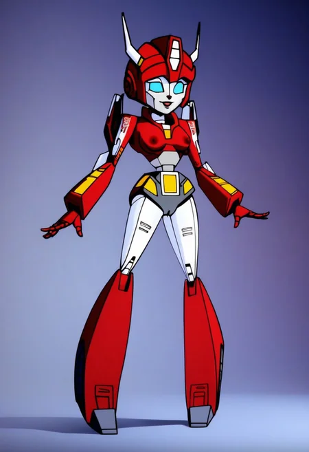 robot planet in space
score_8_up <lora:Transformers 86 FT-000005:1> 1female, autobot, female, all red body (light red), red legs, red head, red armour, small body, petite body, slender form, full body, slim body, slim waist, round large eyes, blue eyes, short legs, small heads, small horns protruding from head, , female lips, happy expression, smiling, curvy limbs, medium robot bare breasts (nipples), camel toe, (shortstack:0.5)