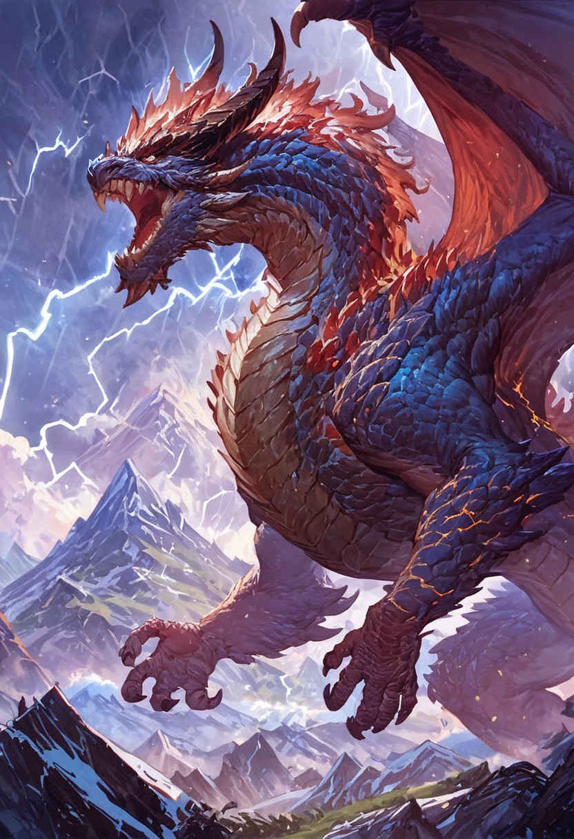 score_9, score_8_up, score_7_up, score_6_up, score_5_up, score_4_up, gigantic storm dragon, teeth, horns, long tail, wings, mountains, lightning aura,fantasy,solo focus,epic