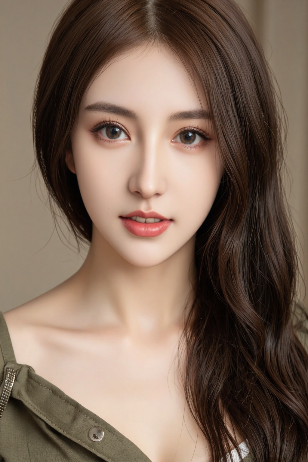 llz,A close-up of a woman with long hair wearing a shirt,seductive smile,realistic,reality,photo.,
