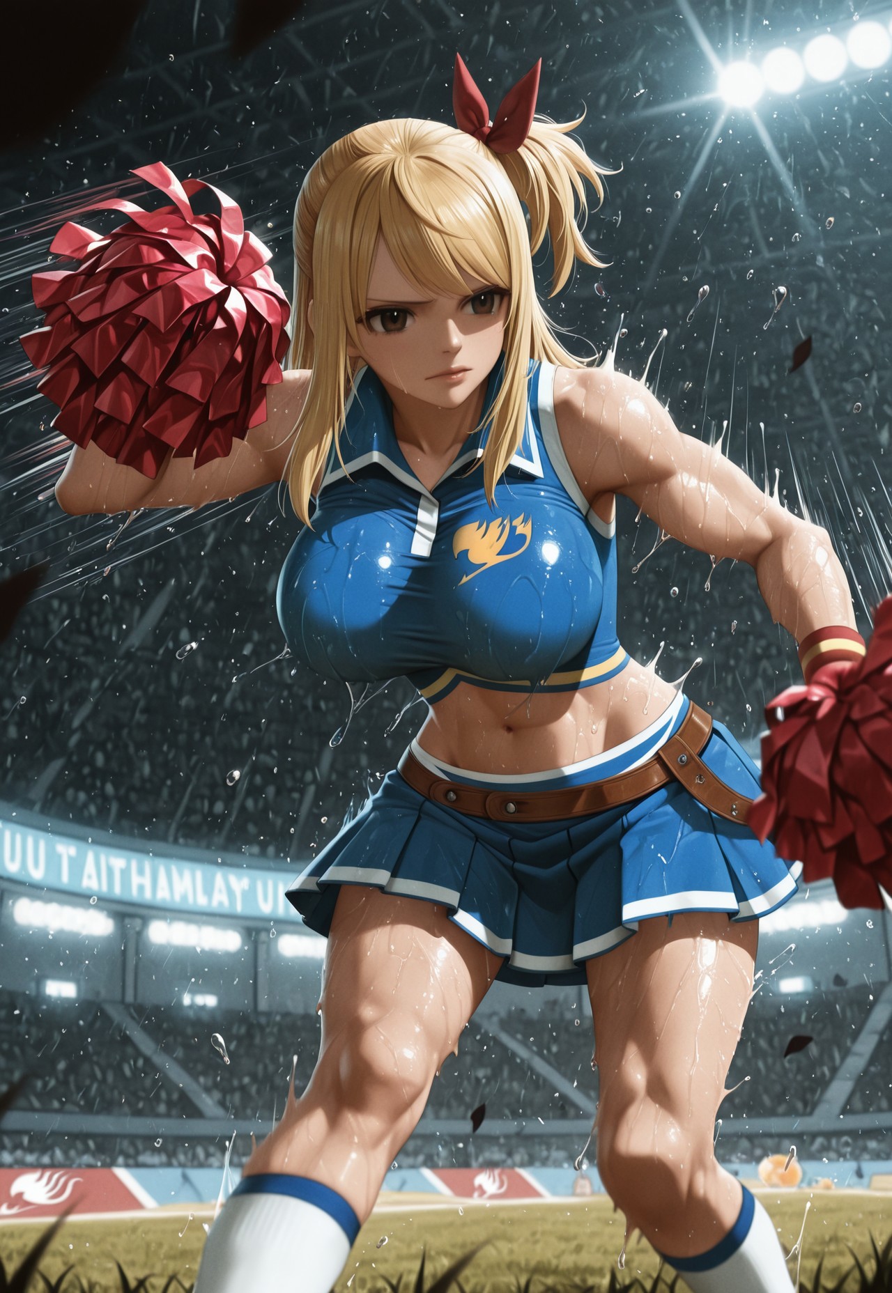 1girl, solo, mature female, (artist:belko:0.6), 
<lora:LucyHeartfiliaMissFTContest_Illu_Dwnsty:1>, lcyhrtmfc, brown eyes, blonde hair, sidelocks, side ponytail, hair ribbon, red ribbon, cheerleader, crop top, blue shirt, collared shirt, sleeveless, fairy tail logo, midriff, navel, sweatbands, brown belt, blue skirt, pleated skirt, kneehighs, white socks, holding pom poms, pom pom \(cheerleading\), \o/, 
stadium, grass, blue sky, 
perfect round breasts, detailed eyes, detailed face, looking at viewer, masterpiece, absurdres, HDR, 8k, amazing quality, aesthetic, newest, solo focus, uncensored, motion lines:1.2, motion blur:1.1, confident, perfect round breasts, large breasts, detailed breasts, skindentation, athletic, toned, groin, lips, muscular female, abs, glowing, backlighting, low-lighting, darkness, night, looking at viewer, newest, lazypos, slime (creature)