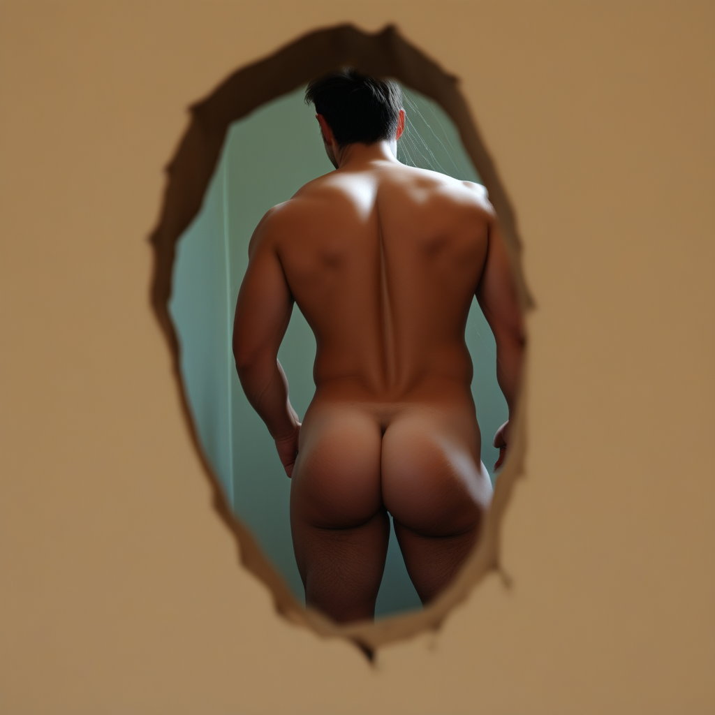 Hole in the wall, nude man, perfect ass, thick thighs