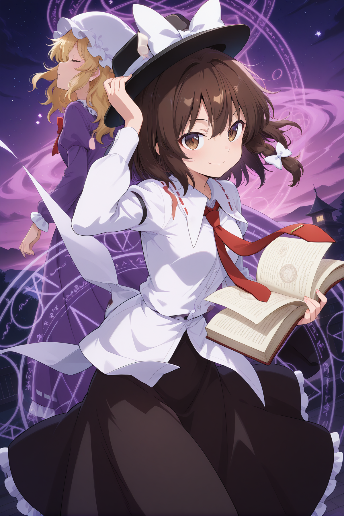 absurdres, highres, masterpiece, best quality, amazing quality, official anime artwork, screencap, anime screencap, star, night, magic circle, 2girls, looking at viewer, multiple girls, star \(symbol\), BREAK
<lora:Maribel-Hearn_Illustrious:0.6> maribel hearn, 1girl, solo, closed eyes, blonde hair, medium hair,, white mob cap, red bowtie, purple dress, long sleeves, frilled skirt, parted lips, BREAK
<lora:Usami-Renko_Illustrious:0.6> usami renko, 1girl, solo, brown hair, brown eyes, medium hair, side braid, hair bow, white bow,, black hat, white hat bow, red necktie, white shirt, long sleeves, closed mouth, smile, adjusting hat, open book, holding book,