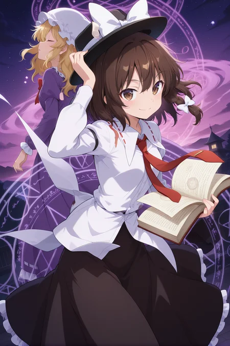 absurdres, highres, masterpiece, best quality, amazing quality, official anime artwork, screencap, anime screencap, star, night, magic circle, 2girls, looking at viewer, multiple girls, star \(symbol\), BREAK
<lora:Maribel-Hearn_Illustrious:0.6> maribel hearn, 1girl, solo, closed eyes, blonde hair, medium hair,, white mob cap, red bowtie, purple dress, long sleeves, frilled skirt, parted lips, BREAK
<lora:Usami-Renko_Illustrious:0.6> usami renko, 1girl, solo, brown hair, brown eyes, medium hair, side braid, hair bow, white bow,, black hat, white hat bow, red necktie, white shirt, long sleeves, closed mouth, smile, adjusting hat, open book, holding book,