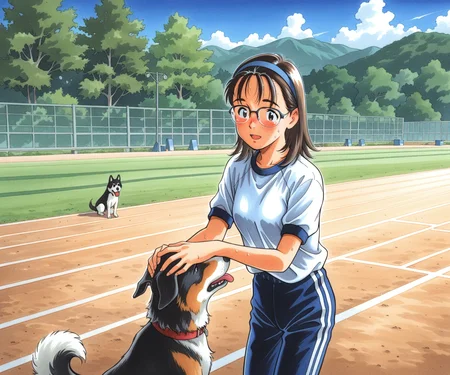 masterpiece, best quality, amazing quality, , 1girl, solo, gym uniform, pants, outdoors, medium hair, glasses, <lora:Kurita Yuugo style ILL-v2:1.2> kuritayuugo, dog,