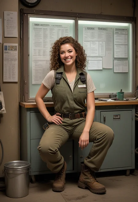 (medium full shot) of (burly mechanic) young woman, canadian, light skin, jade green eyes, curvy build, medium brown curly down hair, wearing a work vest,cargo pants,work boots, tool belt, dirty with oil and grease, set in Workshop Break Room, comfortable area with a couch, a table with chairs, a microwave, a refrigerator stocked with drinks, a bulletin board with job schedules, a window overlooking the workshop, at night, woman laughing, squatting, Masterpiece,best quality, photorealistic, amazing quality, very aesthetic, extremely detailed face,