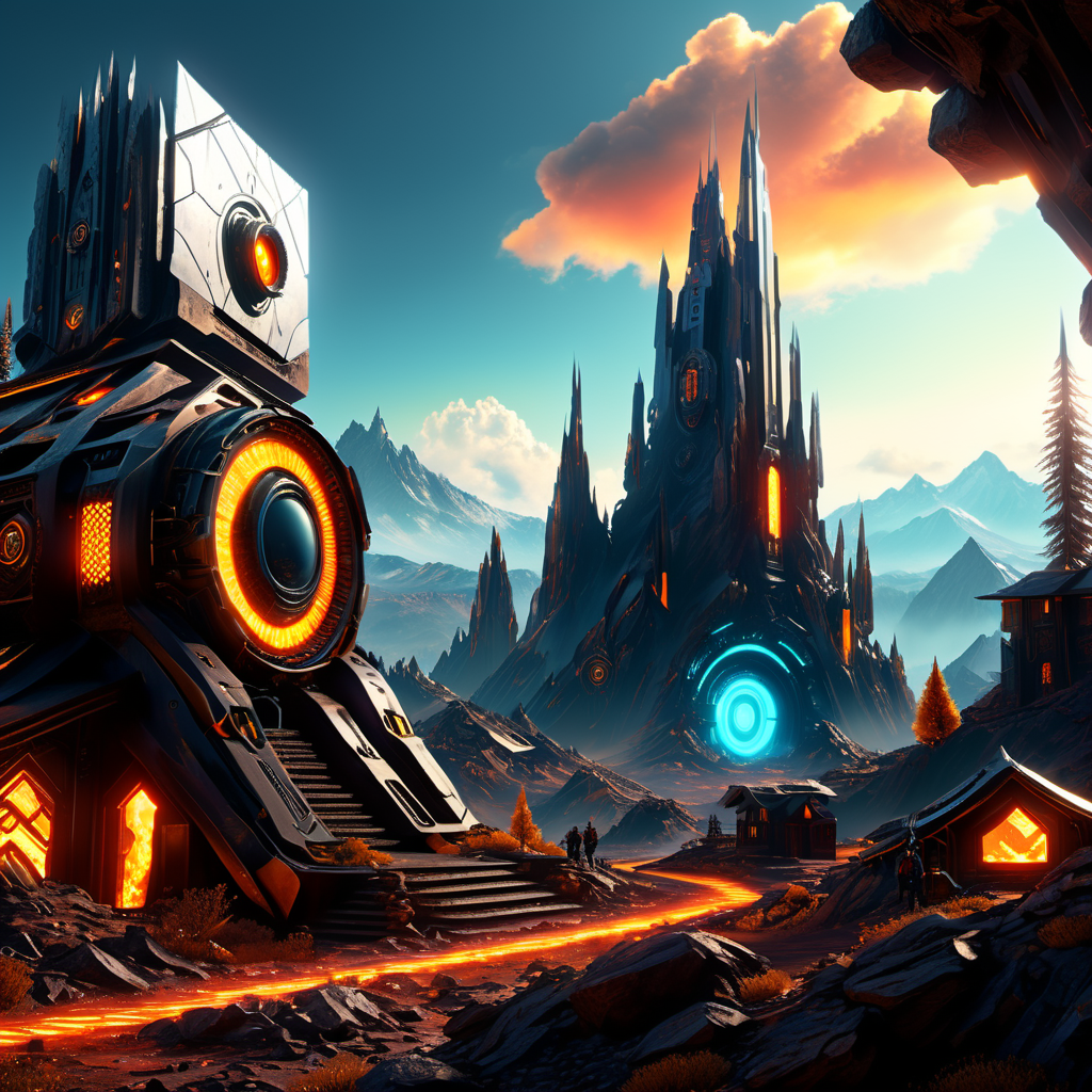 ((best quality)), ((masterpiece)), ((realistic,digital art)), (hyper detailed), DonMCyb3rN3cr0XL Mountain Village, octane rendering, raytracing, volumetric lighting, Backlit,Rim Lighting, 8K, HDR,  <lora:DonMCyb3rN3cr0XL-000009:0.9>