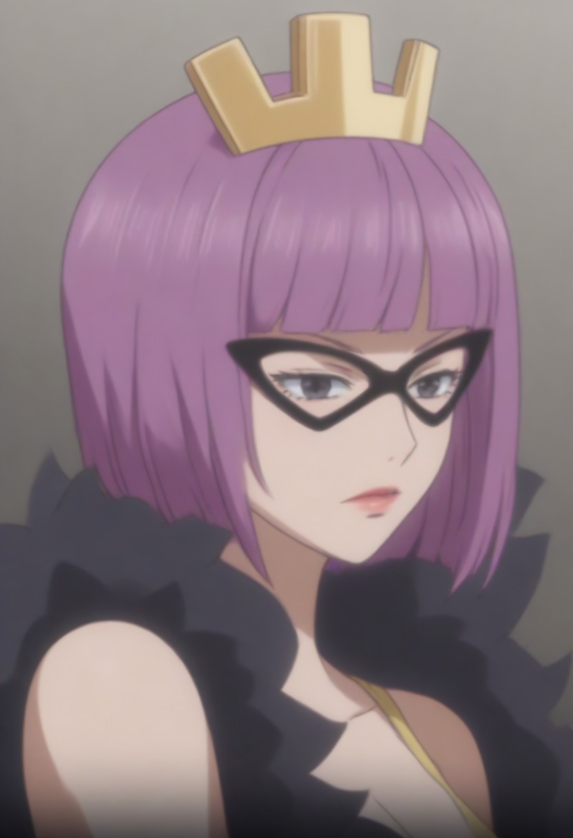 source_anime, anime screencap, source_anime, auratheguillotine, anime screencap, masterpiece, source_anime, shiny skin,,, KinderellaOP, 1girl, solo, tall woman, pink purple hair, bangs, bob cut, black eyes, lips, red lipstick, crown, long yellow dress, cleavage, dress with cutout, dark cape, wide hips, long light-colored gloves, eye-mask,