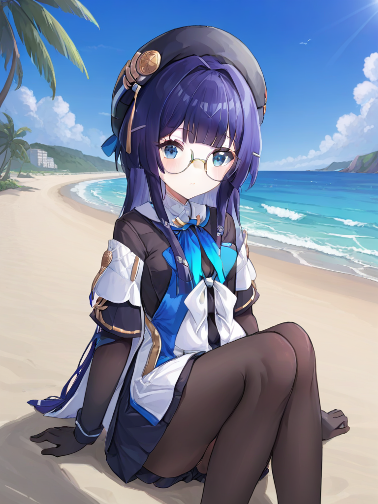 glasses,peila girl,blue hair,Beret,blue eyes,<lora:xl_peila girl-000006:1>,beach,Special clothing,sitting,