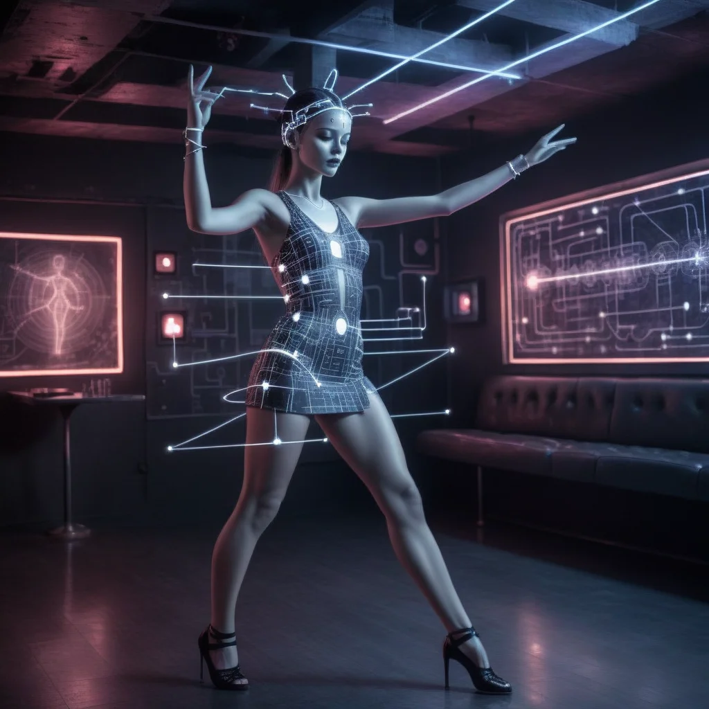 ampereart dancer in a nightclub full of electrical diagrams, very realistic <lora:ampereart:0.9>