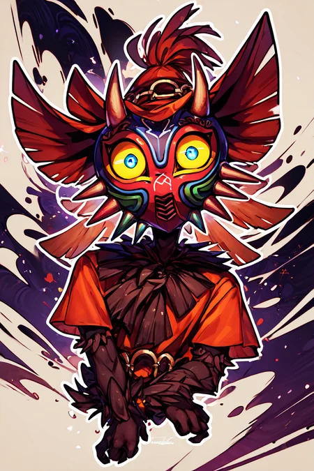 score_9, score_8_up, score_8, BREAK, zzMajora, spikes, yellow sclera, 1boy, mask, horns, glowing eyes, dark, horror (theme), <lora:MajoraZelda_PDXL:0.8>, BREAK, smile, looking at viewer, abstract background, white outline, embedding:zPDXL, Expressiveh, <lora:CatalystStylePDXL:0.6>, <lora:SDXLFaeTastic2400:0.5>, <lora:Expressive_H-000001:0.4>,