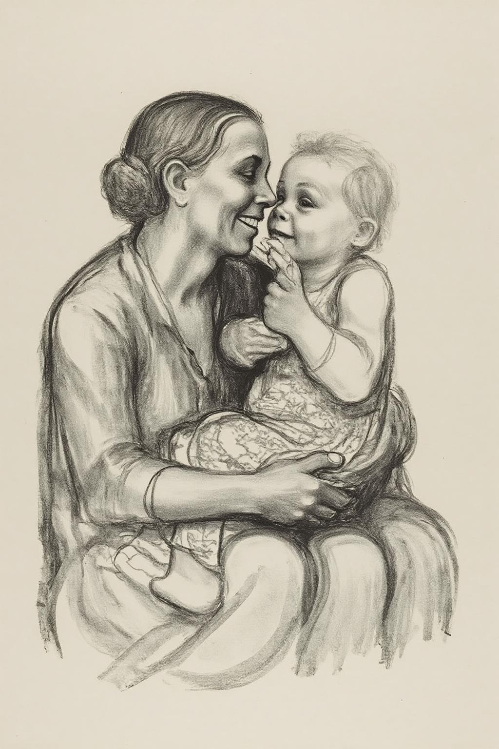 kako1 black and white charcoal drawing.
This image is a pencil drawing, rendered in a sketchy, impressionistic style with soft, flowing lines and subtle shading. The scene depicts a tender moment between a woman and a young child. The woman, likely a mother, is shown cradling the child in her arms, her face close to the child's, smiling warmly. She has her eyes closed, and her expression is serene and loving. <lora:kako1_litho_nocap_d6a3:1.0><lora:814711736776018755:0>