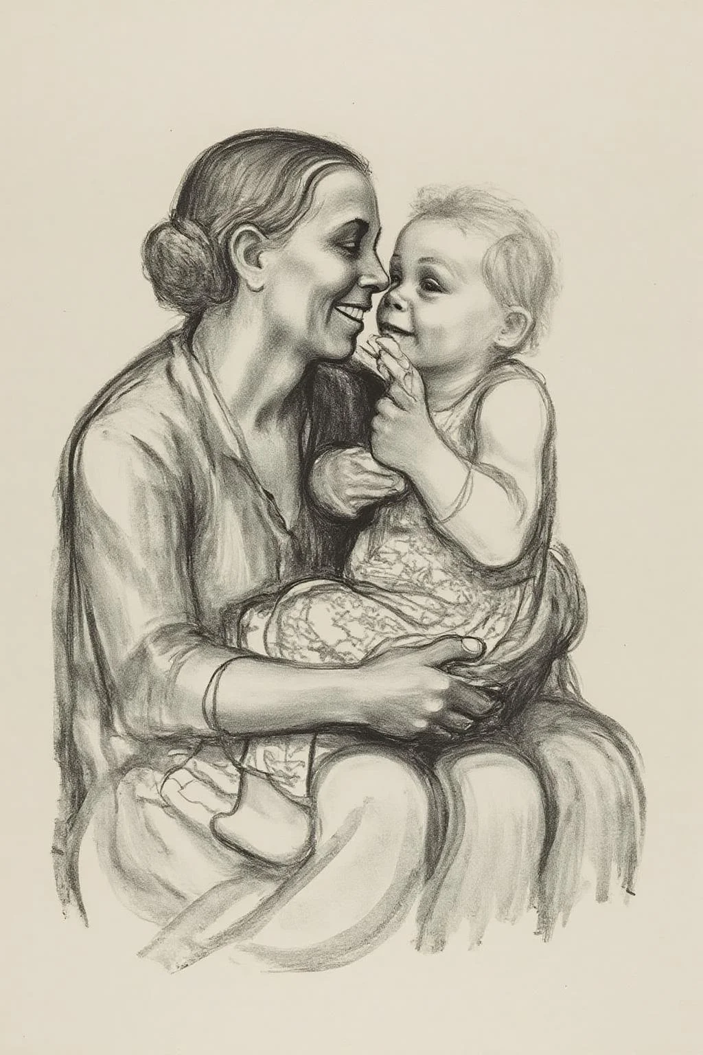 kako1 black and white charcoal drawing.
This image is a pencil drawing, rendered in a sketchy, impressionistic style with soft, flowing lines and subtle shading. The scene depicts a tender moment between a woman and a young child. The woman, likely a mother, is shown cradling the child in her arms, her face close to the child's, smiling warmly. She has her eyes closed, and her expression is serene and loving. <lora:kako1_litho_nocap_d6a3:1.0><lora:814711736776018755:0>