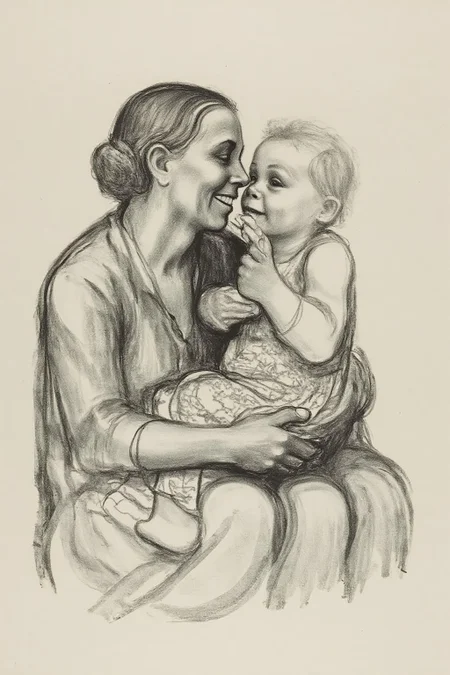kako1 black and white charcoal drawing.
This image is a pencil drawing, rendered in a sketchy, impressionistic style with soft, flowing lines and subtle shading. The scene depicts a tender moment between a woman and a young child. The woman, likely a mother, is shown cradling the child in her arms, her face close to the child's, smiling warmly. She has her eyes closed, and her expression is serene and loving. <lora:kako1_litho_nocap_d6a3:1.0><lora:814711736776018755:0>