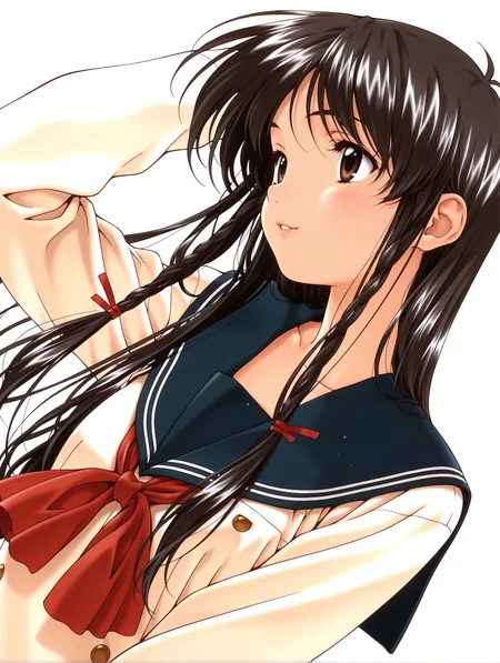 masterpiece,best quality,amazing quality,
1girl,solo,
<lora:sugihara_manami_ilxl_v1.0:1>,s_manami,black hair,long hair,hair ribbon,twin braids,brown eyes,
s_manami,serafuku,long_sleeves,
<lora:Fixhands_anime_bdsqlsz_V1:1>,dynamic_angle,cinematic_angle,seductive_smile,white background,simple_background,hand_in_hair,upper_body,looking ahead,profile,