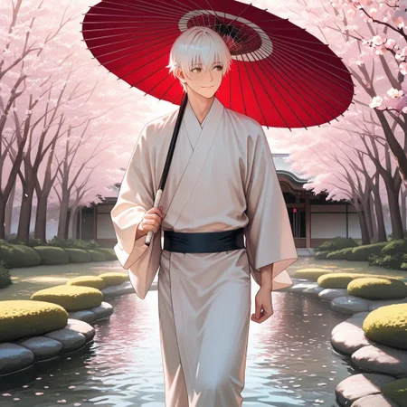 masterpiece, best quality, amazing quality, absurdres, newest, detailed background, definition so sharp, Ultra-HD, 8K cinematic, very awa, impressionate, amazing quality, highres,
solo, male focus, manly,
yashiroisana, 1boy, short hair, bangs, shiro_white hair, shiro_brown eyes, oil-paper umbrella, walking, looking to the side, gentle smile, calm expression, traditional Japanese garden, pond, cherry blossoms, soft lighting, aesthetic, peaceful, playful curiosity, tranquil