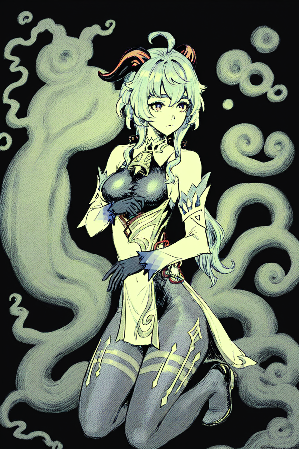 score_9, score_8_up, score_7_up, ganyu \(genshin impact\), ahoge, black gloves, blue hair, bodystocking, detached sleeves, gloves, horns, large breasts, long hair, purple eyes, solo, solo focus, portrait, high contrast, black background, Kneeling with one knee on the ground, head tilted., (green theme:1.5), (monochrome:1.5), <lora:godiva_green:1>