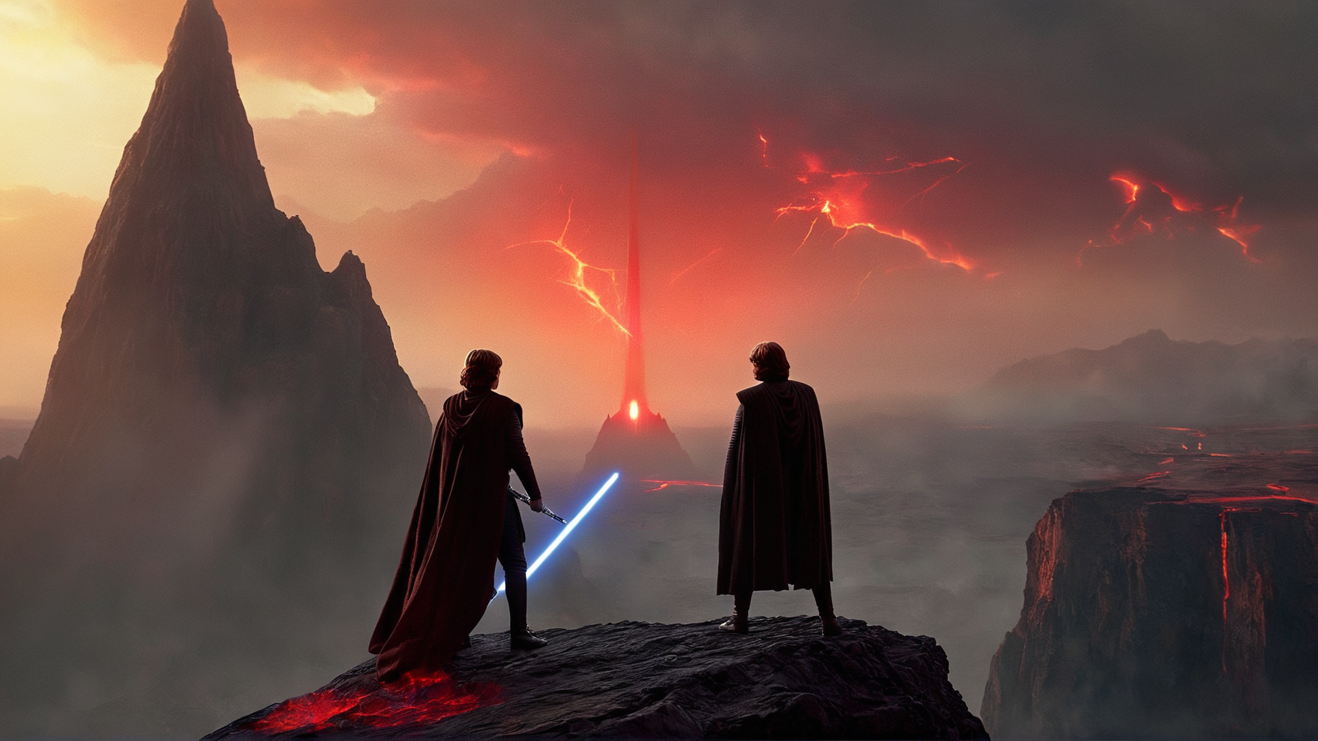 cinematic film still of  <lora:star wars style:0.2>
<lora:detailed:0.4> detailed
<lora:perfection style:0.4> perfect
<lora:PerfectEyesXL:0.5>
 <lora:Chiaroscuro Lighting Style:0.3>
 <lora:Mustafar:0.9>
Mustafar a painting of two people standing on a cliff,in star wars style,standing,weapon,sky,sword,cape,scenery,red theme,red sky,molten rock, shallow depth of field, vignette, highly detailed, high budget, bokeh, cinemascope, moody, epic, gorgeous, film grain, grainy