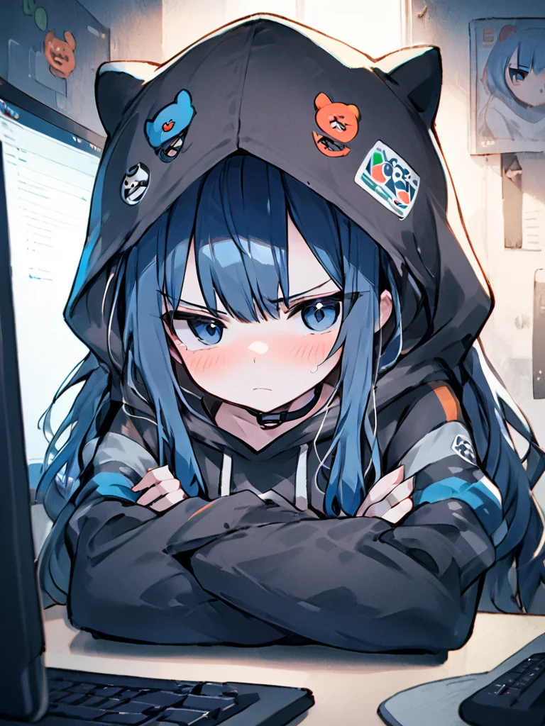 <lora:dagongrenx_xl:1>,(\da gong ren\),angry, 1girl, hood, blue eyes, solo, blush, long hair, looking at viewer, hoodie, crossed arms, black hair, computer, choker, indoors, monitor, bangs, closed mouth, striped, upper body, blue hair, hood up, animal hood, keyboard \(computer\), v-shaped eyebrows