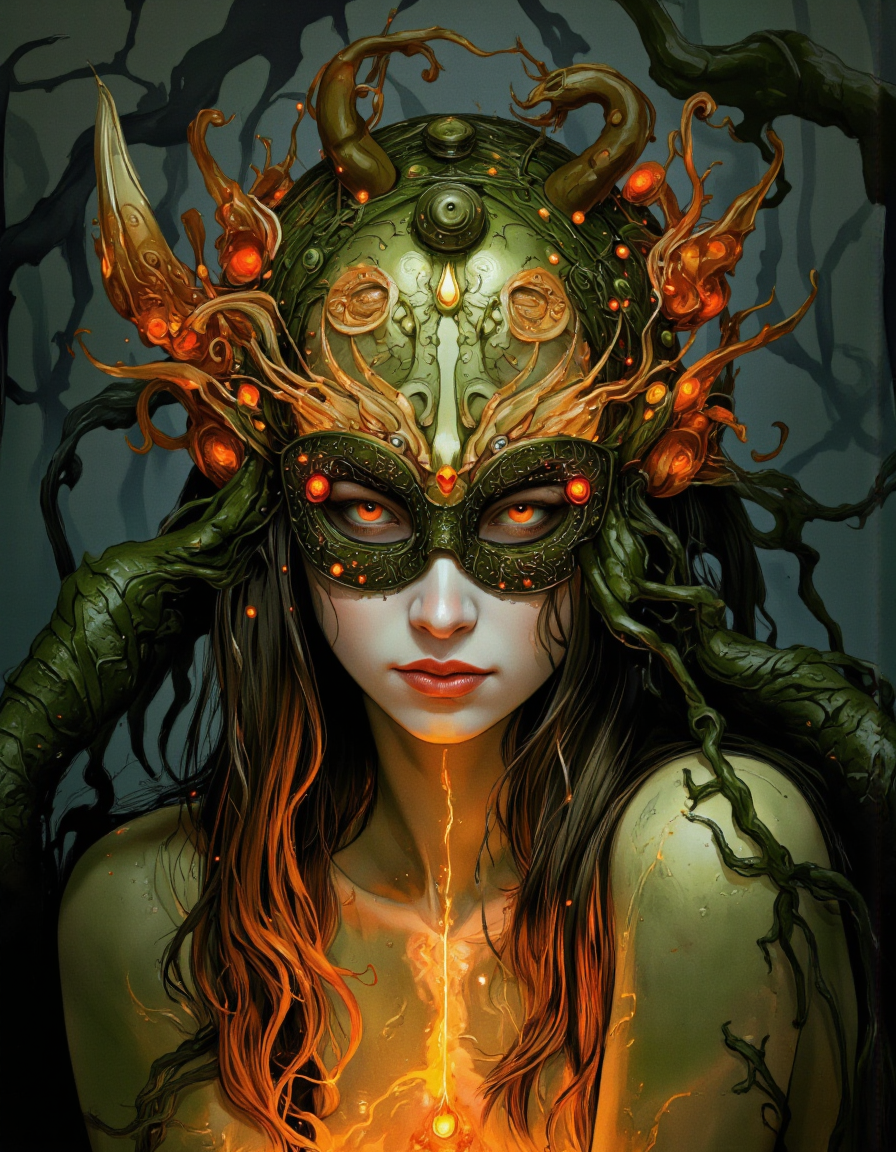A digital illustration, fantasy art shoot from a portrait camera angle about a mystical portrait of a woman with intricate, green skin and glowing, ethereal features, surrounded by a lush, dark forest with a blend of green and orange hues. the image also shows a mystical atmosphere with glowing orange and yellow light emanating from the center, creating a warm glow. on the middle of the image, a woman, who appears to be in her mid-twenties, is facing the viewer, looking at the viewer with a serene expression. she has long, flowing, curly hair and is wearing a green, ornate mask with intricate details and glowing red eyes. her face is adorned with glowing, mechanical elements, giving her a mystical and otherworldly appearance. her lips are parted, and she has a closed mouth. the background is filled with vines and vines, with a mix of green, orange, and yellow hues, giving the image a dreamy and ethereal feel.