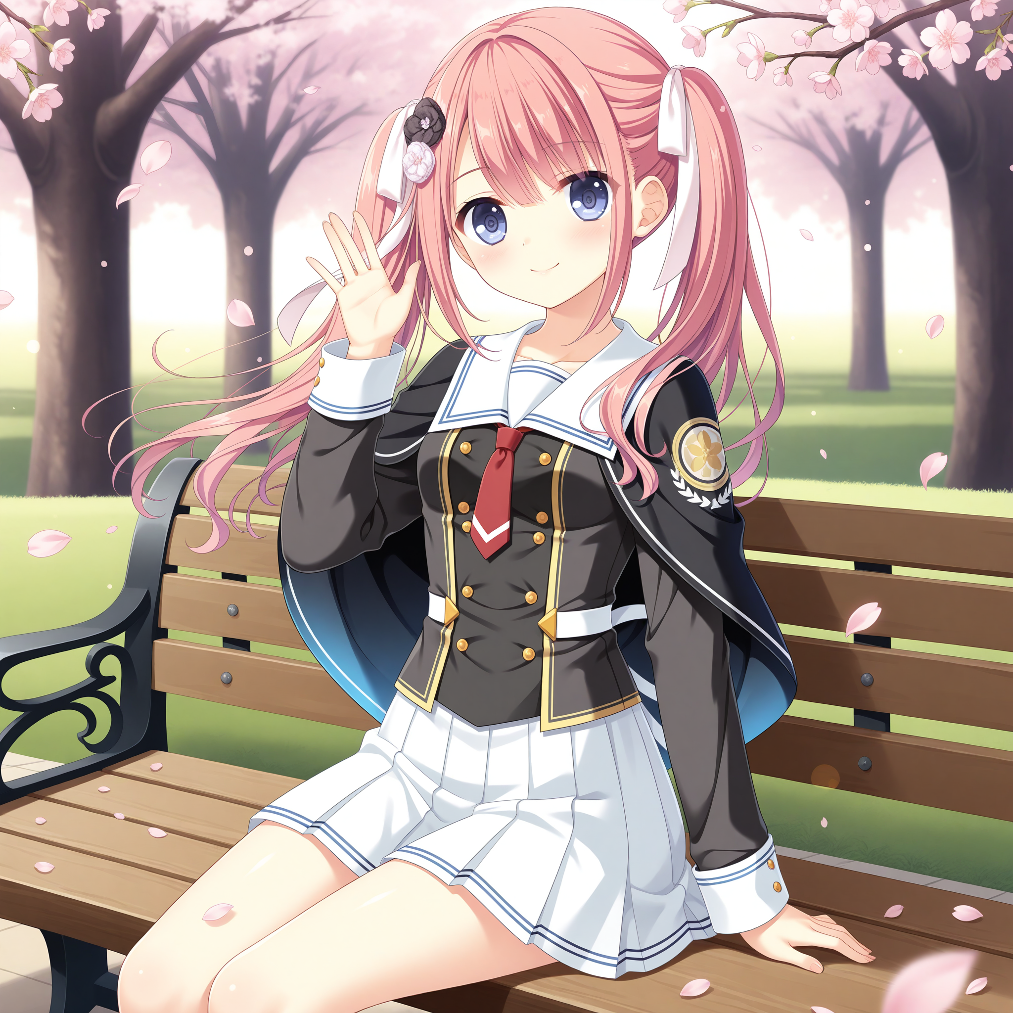 <lora:Shirakawa_Akari_1_nai-000035:1>,Shirakawa Akari,
twintails,hair ribbon,white ribbon,hair flower,black flower,white flower,school uniform,black cape,pleated skirt,long sleeves,red necktie,black jacket,white skirt,miniskirt,white sailor collar,waist ribbon,blue lining,
BREAK
1girl,solo,smile,sitting,on bench,waving,front view,looking at viewer,depth of field,lens_flare,cherry blossoms,petals,falling petals,wind,