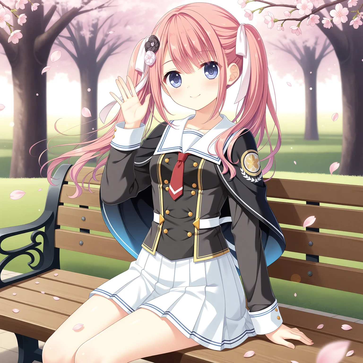 <lora:Shirakawa_Akari_1_nai-000035:1>,Shirakawa Akari,
twintails,hair ribbon,white ribbon,hair flower,black flower,white flower,school uniform,black cape,pleated skirt,long sleeves,red necktie,black jacket,white skirt,miniskirt,white sailor collar,waist ribbon,blue lining,
BREAK
1girl,solo,smile,sitting,on bench,waving,front view,looking at viewer,depth of field,lens_flare,cherry blossoms,petals,falling petals,wind,