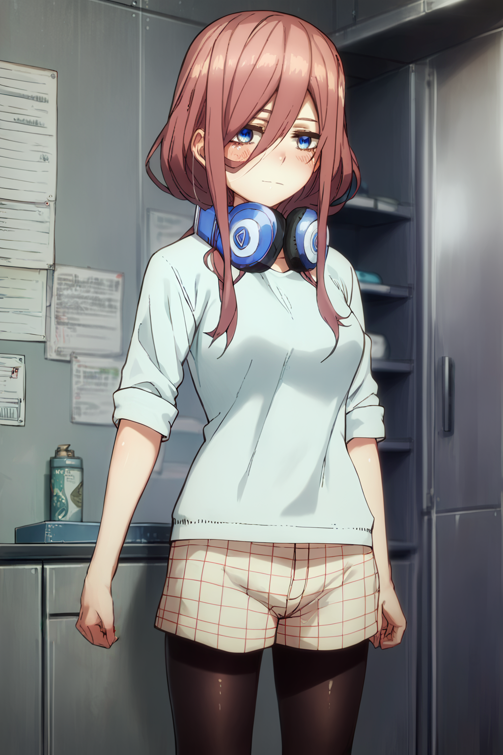 sharp focus, pixiv masterpiece, intricate details,  source_anime,  score_8_up, score_7_up, score_9,  1girl, M1kuNakan0_PXL, cowboy shot, headphones, mint-blue_rolled-sleeve_shirt, checkered_shorts, tights, standing, expressionless,<lora:Miku_Nakano_PonyXL_15:1>, blushing,
