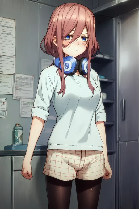sharp focus, pixiv masterpiece, intricate details, source_anime, score_8_up, score_7_up, score_9, 1girl, M1kuNakan0_PXL, cowboy shot, headphones, mint-blue_rolled-sleeve_shirt, checkered_shorts, tights, standing, expressionless,<lora:Miku_Nakano_PonyXL_15:1>, blushing,