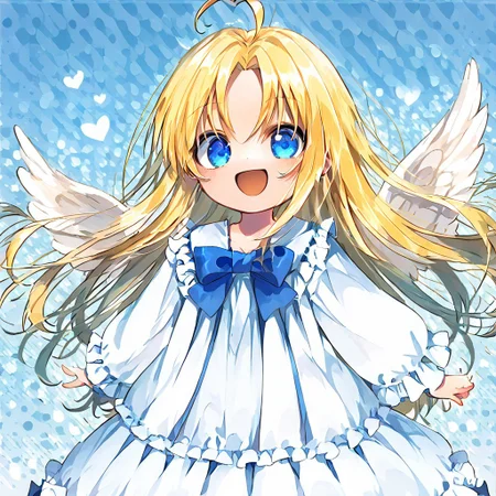 score_9, score_8_up, score_8, score_7_up, 
1girl, solo, AEFilo, blue eyes, blonde hair, ahoge, long hair, white wings, blue bowtie, white dress, frilled dress, frilled sleeves, long sleeves, barefoot, polka dots background, smile, open mouth, close shot, cute girl, looking at viewer,
cute, kawaii, hearts,