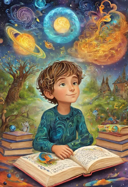 Psychedelic art (drdjns style), (childrens_book_illustration style), a young boy is daydreaming at school, imagining all sorts of magical things that are forgotten by the adult mind, masterpiece, 8k, hdr, award winning, highly aesthetic