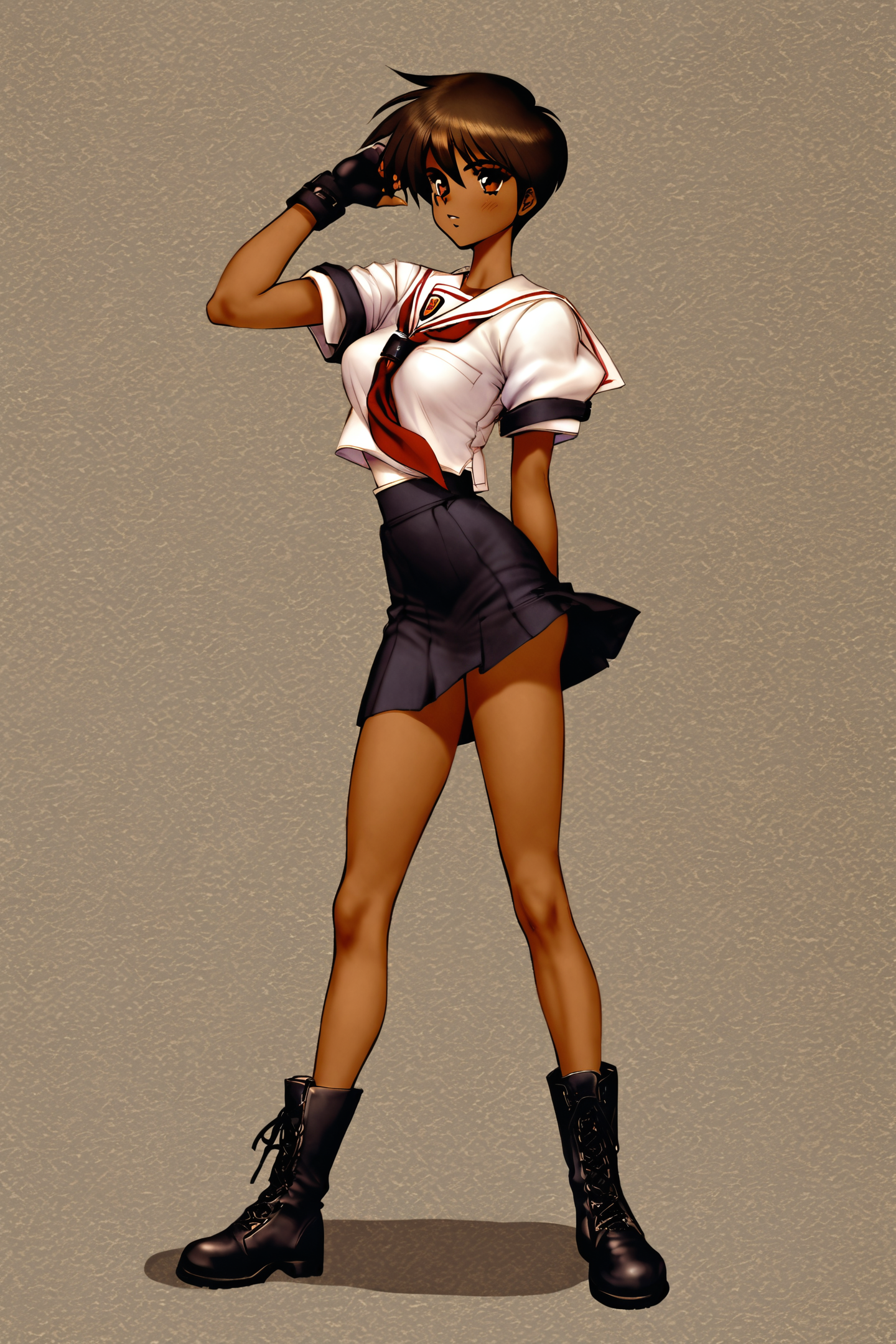 1girl,solo,brown hair,gloves,fingerless gloves,short hair,dark skin,brown eyes,dark-skinned female,school uniform,skirt,boots,full body,standing,
<lora:Masamune Shirow_XL:0.8>,