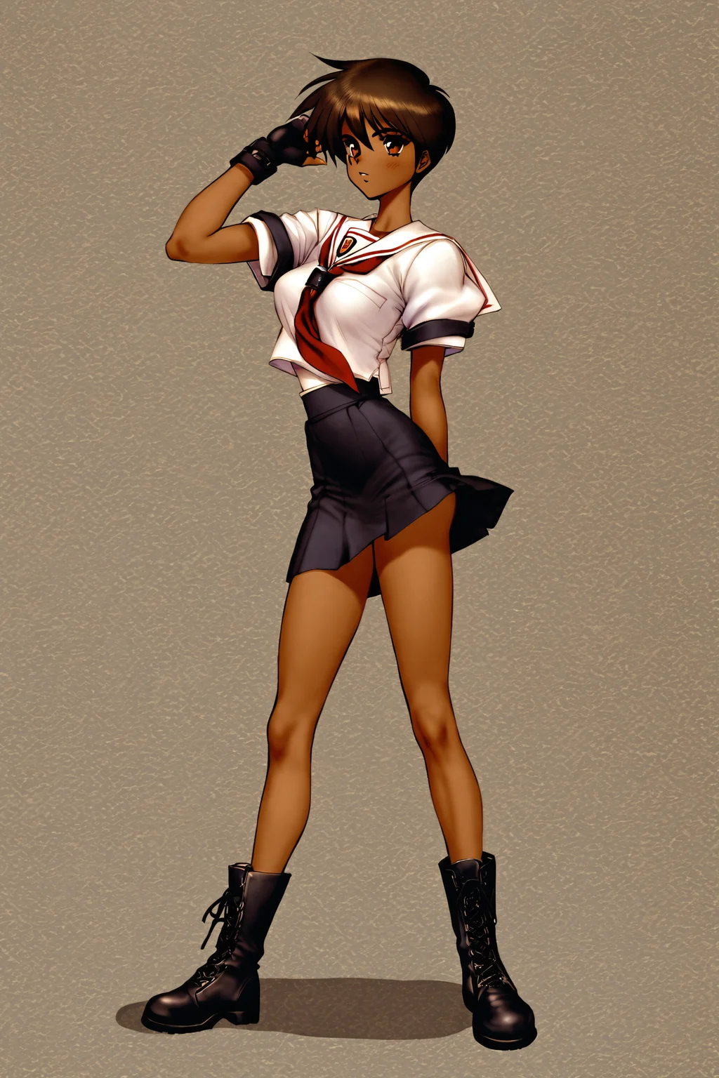 1girl,solo,brown hair,gloves,fingerless gloves,short hair,dark skin,brown eyes,dark-skinned female,school uniform,skirt,boots,full body,standing,
<lora:Masamune Shirow_XL:0.8>,