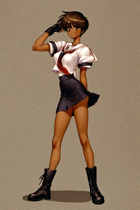 1girl,solo,brown hair,gloves,fingerless gloves,short hair,dark skin,brown eyes,dark-skinned female,school uniform,skirt,boots,full body,standing,
<lora:Masamune Shirow_XL:0.8>,