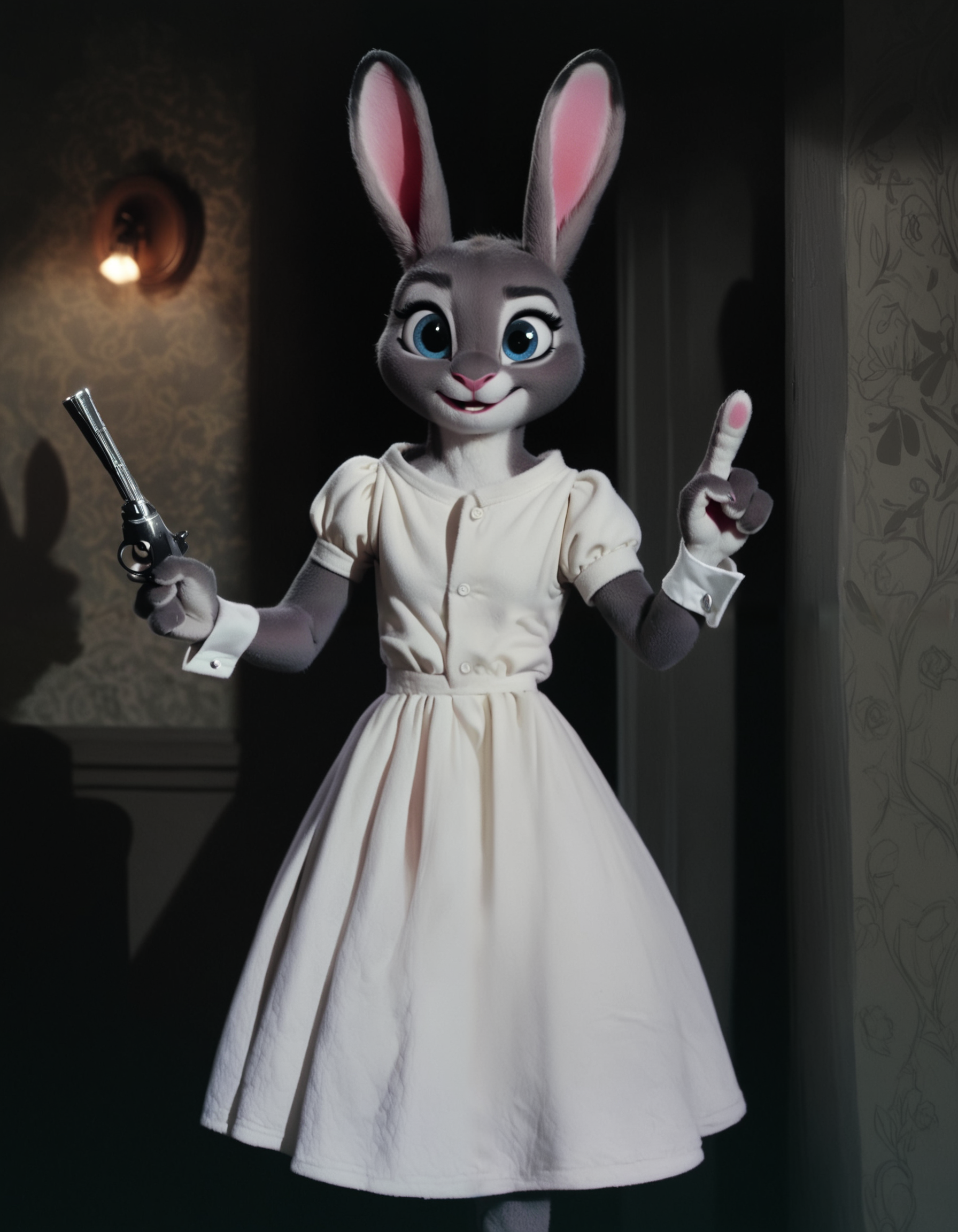 score_9, score_8_up, score_7_up, score_6_up, score_5_up, score_4_up, movie still, source_furry, (a cute bunny), indoors, rim lighting, dress, bunny ears, pointing revolver