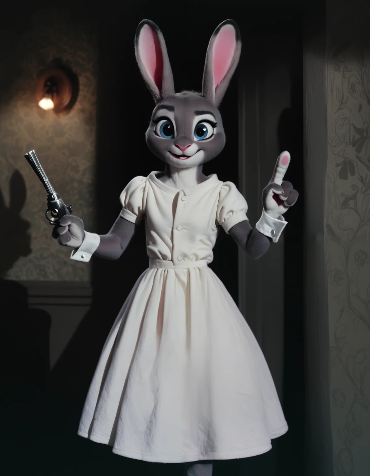 score_9, score_8_up, score_7_up, score_6_up, score_5_up, score_4_up, movie still, source_furry, (a cute bunny), indoors, rim lighting, dress, bunny ears, pointing revolver