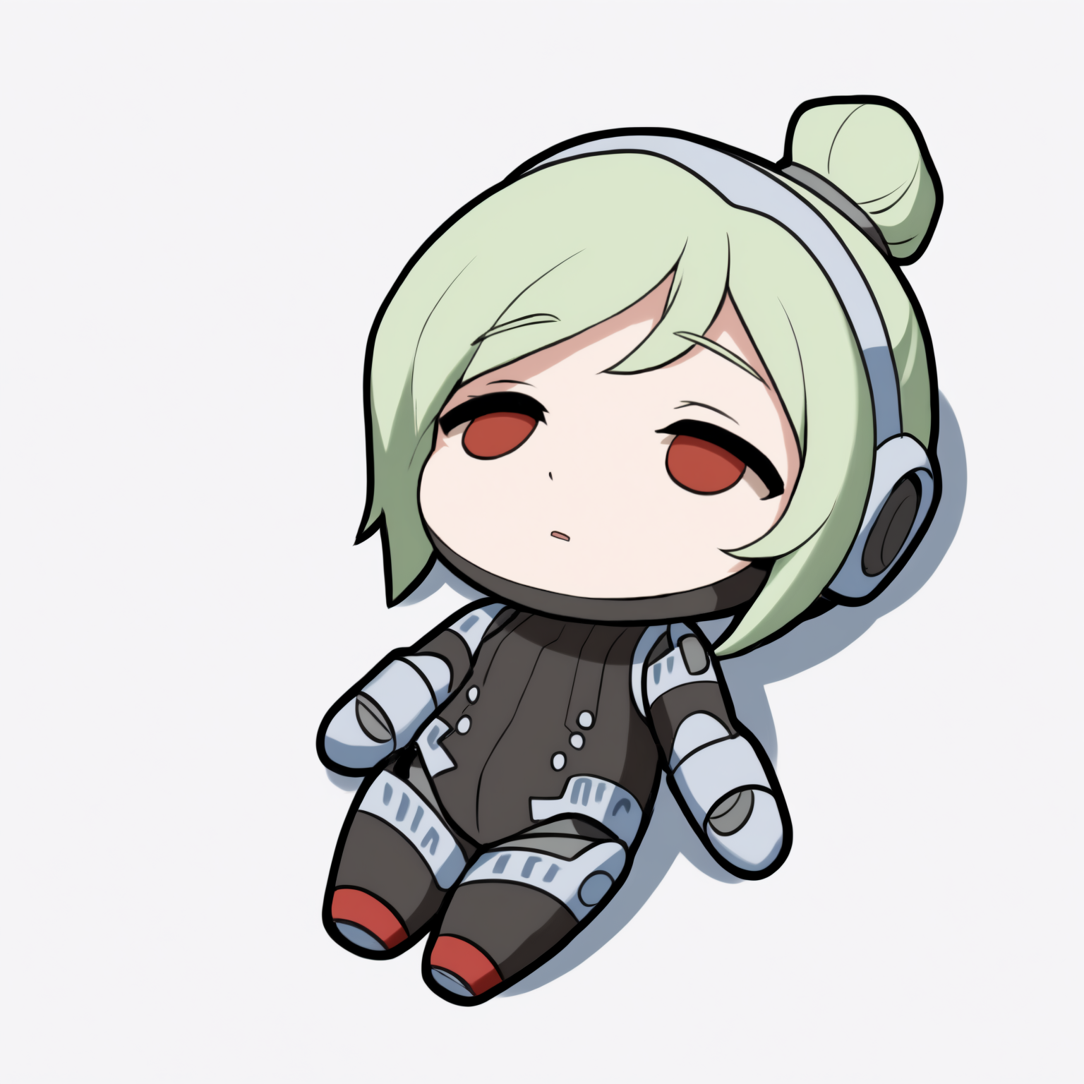 masterpiece, best quality, newest, chibi, full body, lying, on back, empty eyes, solo, 1girl, android, robot joints, short hair, green hair, single hair bun, red eyes, armor, bodysuit, simple background, white background
<segment:yolo-Anzhc Face seg 640 v3 y11n.pt,0.3,1//cid=11>