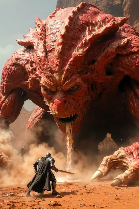 <lora:Plastinates:1> photograph of a huge battle scarred plastinate endboss, spitting acid liquids at the viewer, direct eye contact, intimidating eye contact, depicted in a deadly mars dersert landscape, the image has a realistic looking texture and lighting, dynamic angle,
an epic final endboss battle emerges, tense atmosphere,
captured on a (Phase One XF IQ4 150MP), rule of third composition, bosstyle,
<lora:fluxenhancer:0.2>, midjourneyv6.1 <lora:MidjourneyV6.1:0.4>, <lora:FluxBossBattle:0.7>