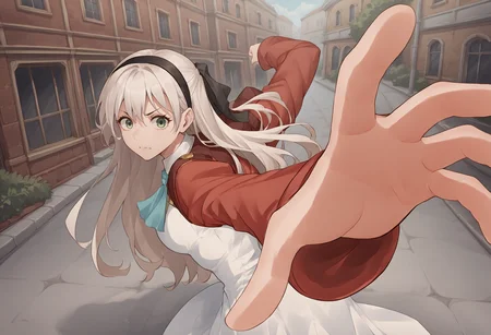 score_9, score_8_up, score_7_up, source_anime, IncrsPunchMeme, <lora:PepePunchMeme_XLPD:1.1>, 1girl, <lora:elie-pdxl-nvwls-v1:0.9>, zeroElie, black hairband, hair ribbon, long hair, ascot, uniform, long red sleeves, white dress, outdoors, street,
