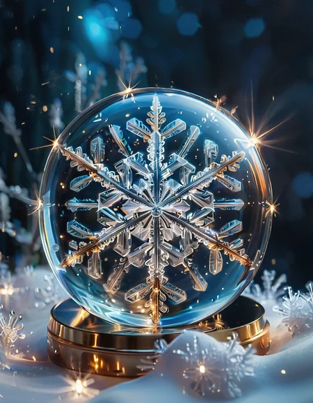 (high quality), (masterpiece), (detailed),8K, An award-winning glowing snowflake, encased in a perfectly transparent glass bubble, floats delicately within a surreal winter setting. Its intricate, symmetrical crystalline patterns radiate a mesmerizing, golden luminosity, blending warm hues of amber, peach, and soft rose that glow softly through the glass. The bubble is adorned with delicate frost patterns along its edges, reflecting and refracting the snowflake’s warm light, casting a magical aura on its surroundings. Encased within, the snowflake sparkles with fine detail, as if suspended in time, evoking feelings of joy, serenity, and wonder, captivating all who witness this breathtaking masterpiece, glowneon, geometric, GlowingInk