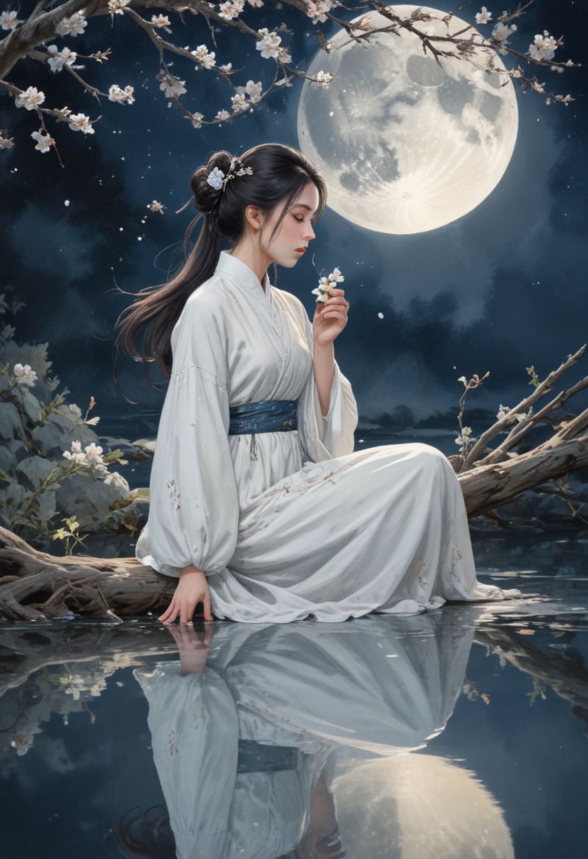 (WaterColour paint effect), -Hanama wine, 1girl, moon, long hair, solo, black hair, dress, branch, hair bun, flower, reflection, chinese clothes, hair ornament, jewelry, bird, earrings, full moon, water, white dress, holding flower, holding, long sleeves, closed eyes, single hair bun, ripples, sky, looking down, full body,anime, <lora:Paint_Effects_SDXL_-_By_DICE:0.7>