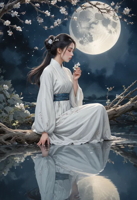 (WaterColour paint effect), -Hanama wine, 1girl, moon, long hair, solo, black hair, dress, branch, hair bun, flower, reflection, chinese clothes, hair ornament, jewelry, bird, earrings, full moon, water, white dress, holding flower, holding, long sleeves, closed eyes, single hair bun, ripples, sky, looking down, full body,anime, <lora:Paint_Effects_SDXL_-_By_DICE:0.7>