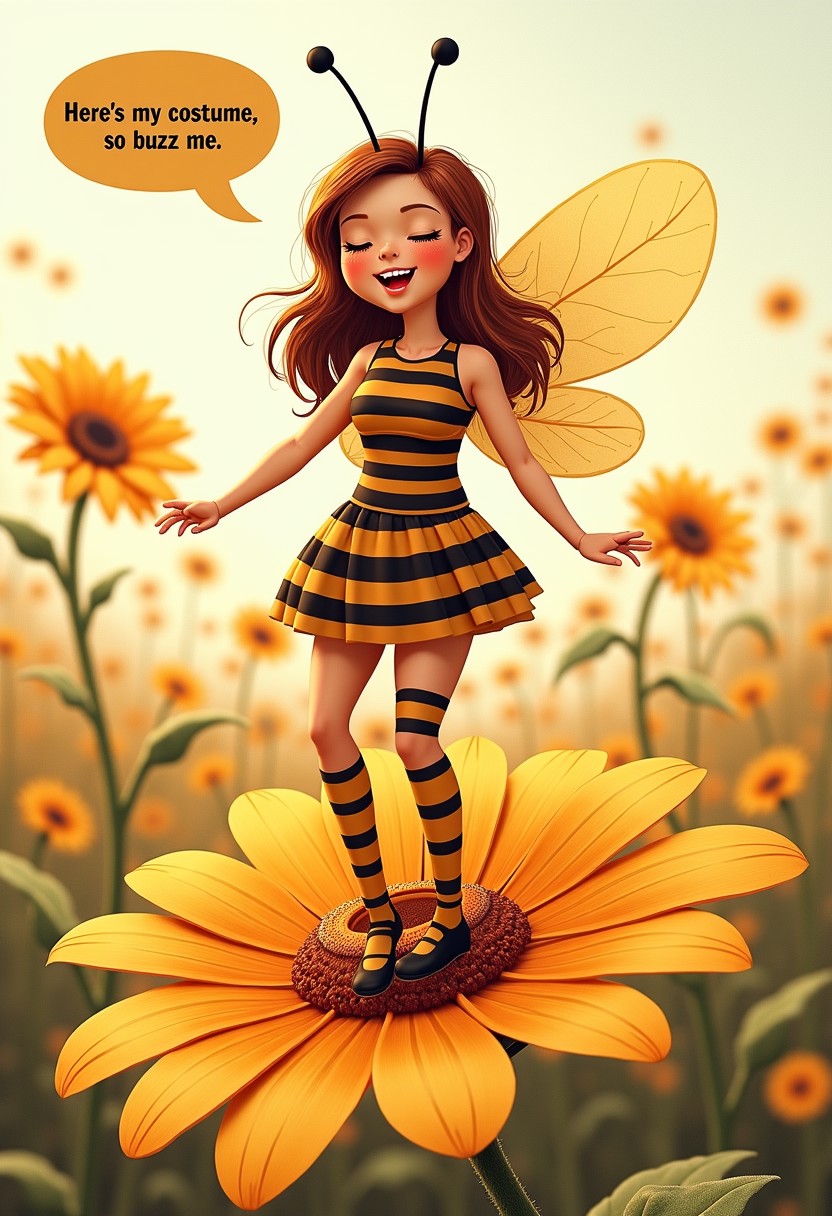 A young woman in a bee costume. Standing on a giant flower and singing, smiling. The woman says in speech bubble :"Here's my costume, so buzz me, maybe! "