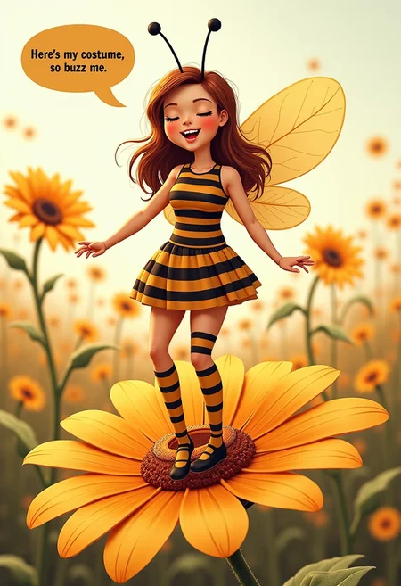 A young woman in a bee costume. Standing on a giant flower and singing, smiling. The woman says in speech bubble :"Here's my costume, so buzz me, maybe! "