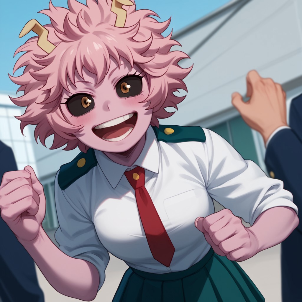 score_9, score_8_up, score_7_up, score_6_up, score_5_up, score_4_up, 1girl, MinaHero, school uniform, excited, pink skin, pink hair, black sclera
