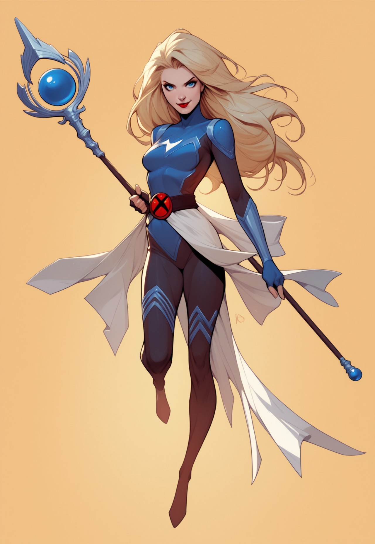 safe_pos, PonyXLV6_Scores , SUP3RH3R0 Style, 1girl, solo, blonde hair, bodysuit, staff, long hair, gloves, makeup, breasts, superhero, sash, lipstick, medium breasts, holding, holding staff, animification, red lips, smile, full body, blue eyes, belt, fingerless gloves, skin tight, orange background, comic art style